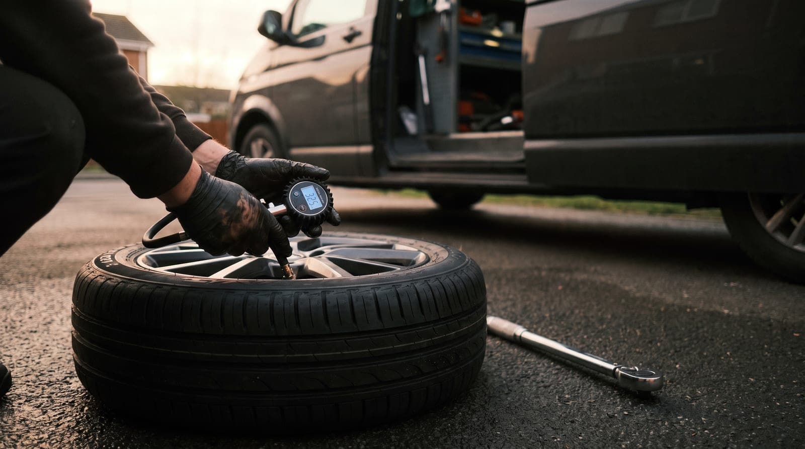 Mobile tyre fitter checking the pressure on a newly fitted tyre on a driveway at dusk, torque wrench beside it and the van behind